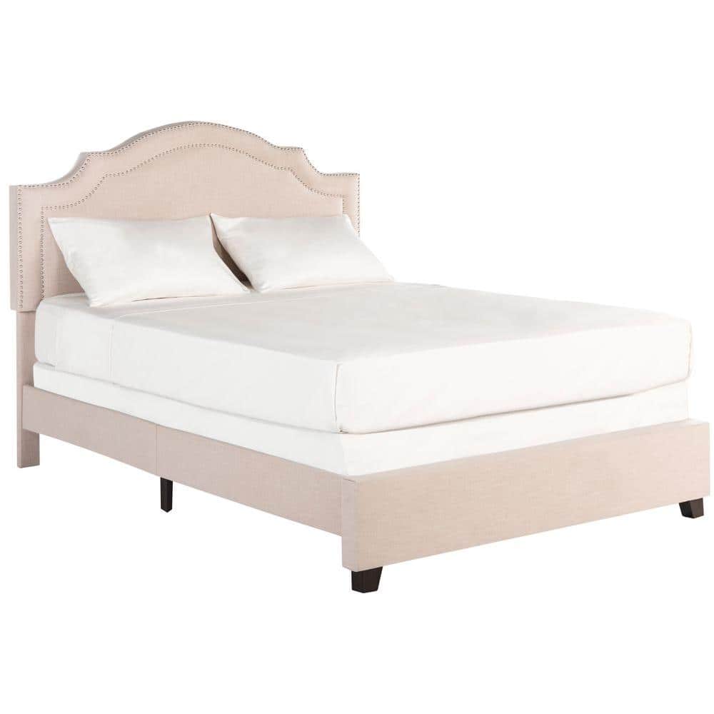 Light Beige Queen Upholstered Bed Frame with Nailhead Trim