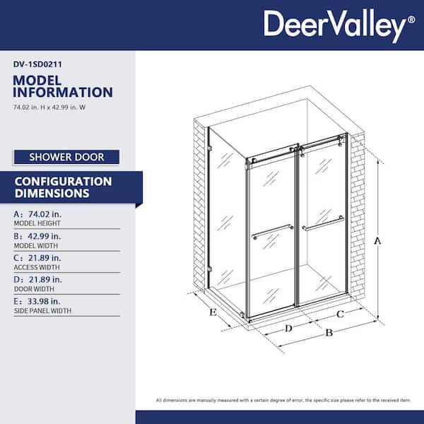 DEERVALLEY 43 in. W x 34 in. D x 74 in. H Rectangular Sliding Frameless Corner Shower Enclosure in Chrome with 3/8 in. Clear Glass