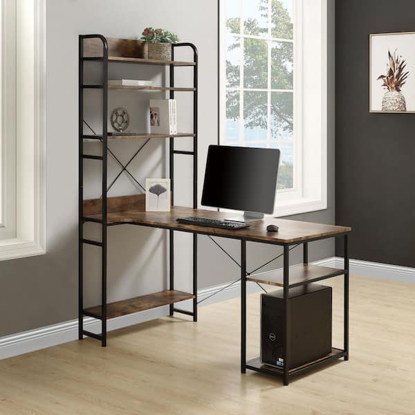 Merax 55 in. Rectangular Walnut Computer Desk with Hutch