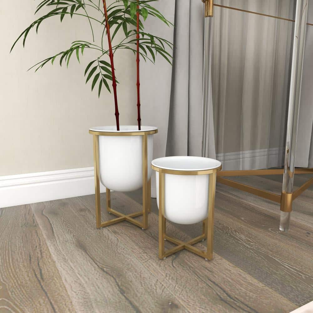 Contemporary White and Gold Metal Planter Set with Removable Stands