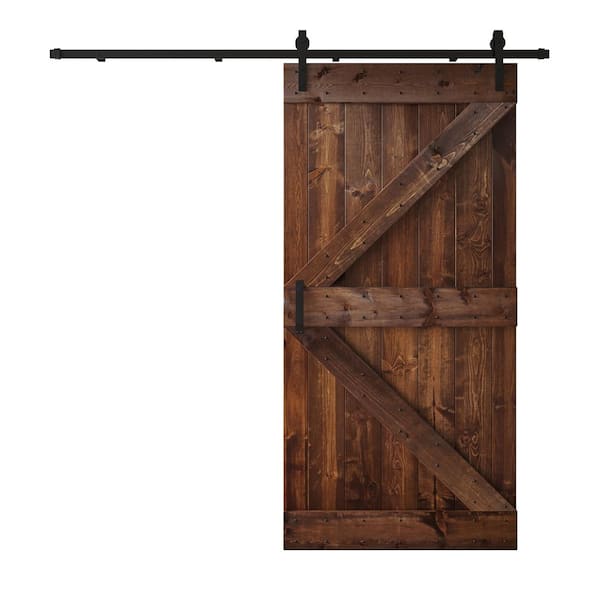 COAST SEQUOIA INC K Series 42 in. x 84 in. Dark Walnut DIY Knotty Pine Wood Sliding Barn Door with Hardware Kit