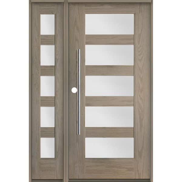 Faux Pivot 50 in. x 80 in. 5 Lite Right-Hand/Inswing Frosted Glass Oiled Leather Stain Fiberglass Prehung Front Door/LSL