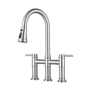 Double Handle Transitional Bridge Pull Down Sprayer Kitchen Faucet in Brushed Nickel