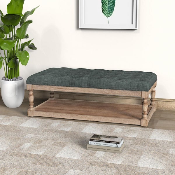 Warehouse of Tiffany Tubbs 48 in. Turquoise Gray Tufted Linen Cocktail Shelved Ottoman