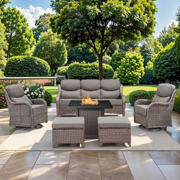 NovaSwivel 6-Piece Brown Wicker Outdoor Patio Fire Pit Conversation Set with Gray Cushions and Swivel Rocking Chairs