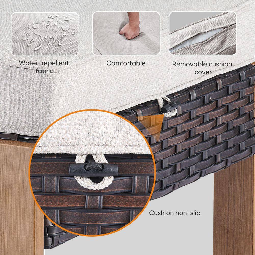 Close-up details of the wicker ottoman's fabric and cushion features.