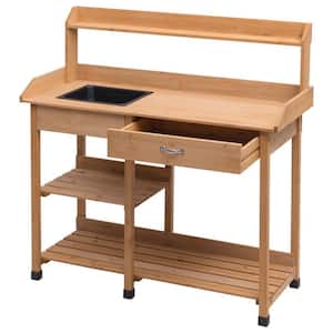 Outdoor Wooden Plant Stand Work Station with Drawer and Sink