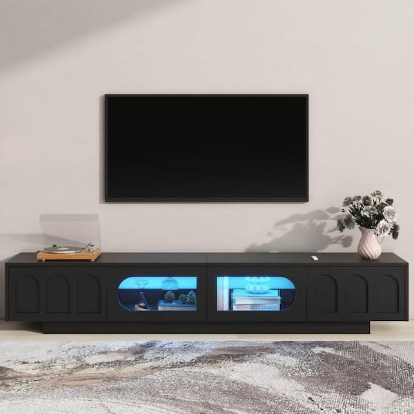 Polibi Black TV Stand Fits TV's Up to 95 in. with Fluted tempered Glass Doors, Arched Cabinet Doors, APP-Controlled LED Light