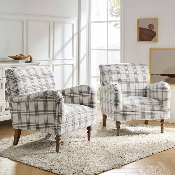 Mandan Grey Contemporary and Classic Upholstered Plaid Pattern Accent Armchair with Turned Solid Wood Legs Set of 2