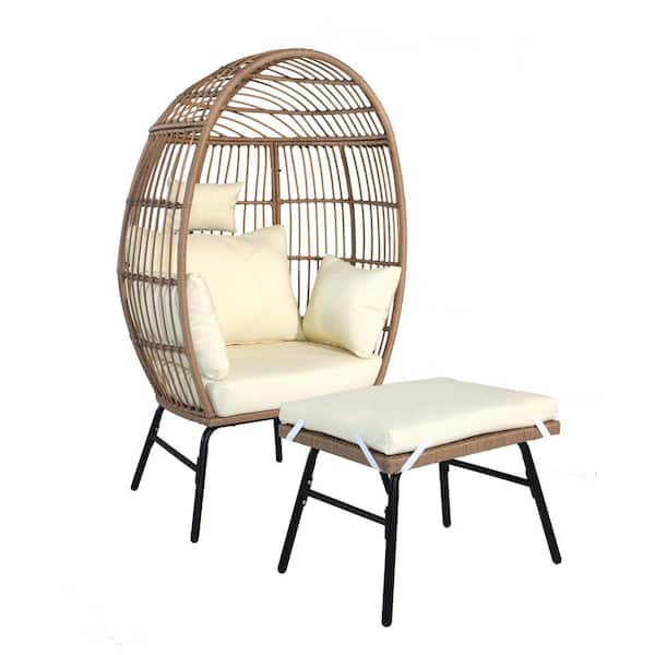 Kahomvis 2-Piece Wicker Outdoor Bistro Set with Footstool, Oversized Patio Egg Chair Set with White Cushions, 400 lbs. Capacity