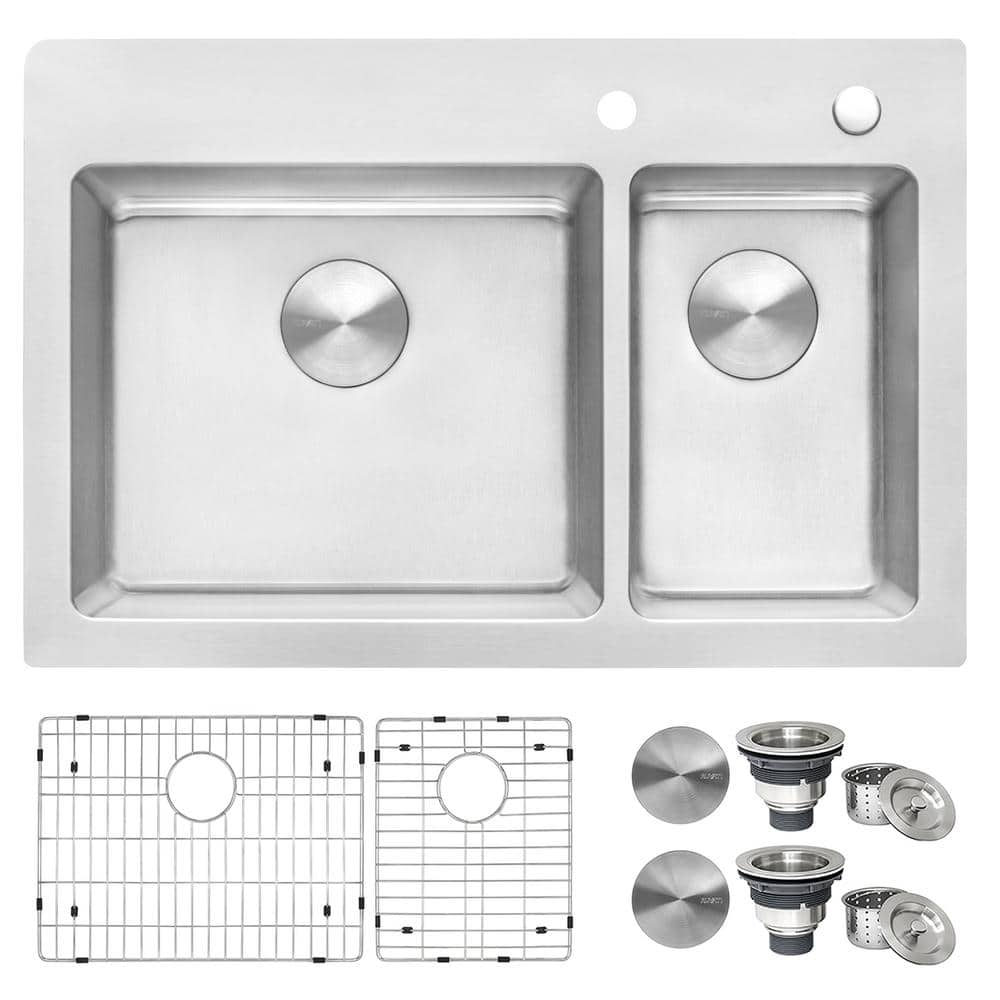 Raviv® Pull-Down Faucet and 33-Inch Stainless Steel Double-Bowl Kitchen  Sink Kit