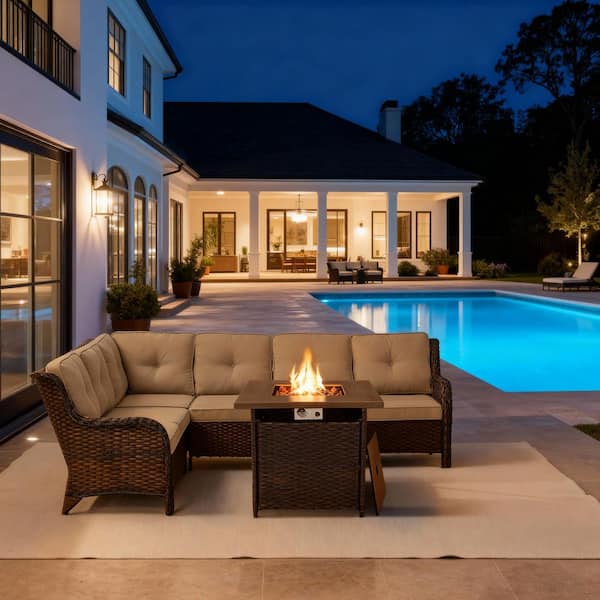 3-Piece Brown Wicker Patio Conversation Set, Sectional Sofa, and Fire Pit Table with Beige Cushions