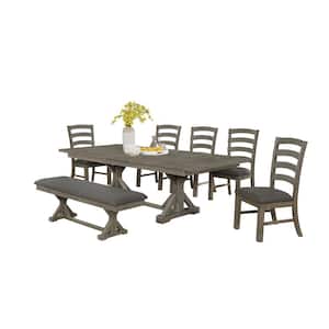 Linda 7-Piece Rectangular Wood Top and Rustic Gray Dining Table Set w/Gray Linen Fabric Chairs and Bench