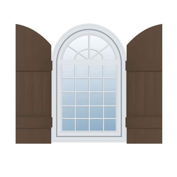 Ekena Millwork 14 in. x 45 in. Lifetime Vinyl Standard Four Board Joined w/ Archtop Board and Batten Shutters Pair Federal Brown