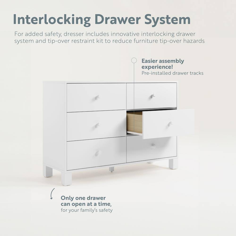 White Wood 6-Drawer Nursery Dresser with Safety Features
