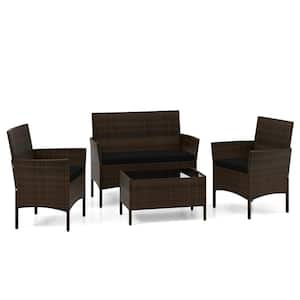 4-Piece Wicker Rattan Patio Conversation Set with Cozy Seat Black Cushions Practical Coffee Table