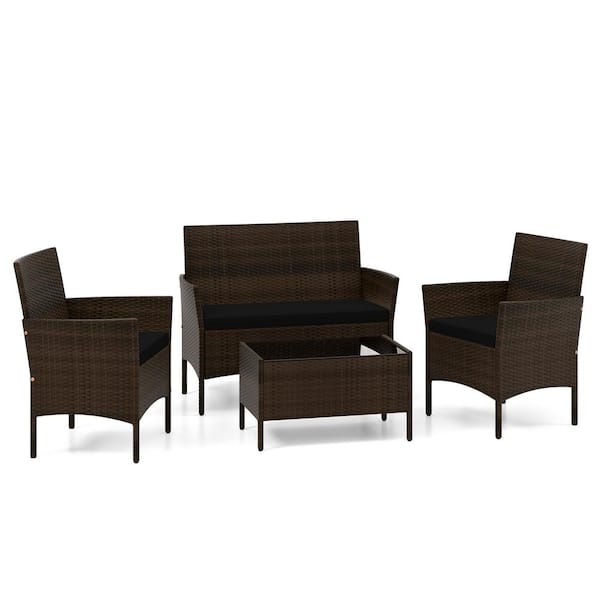 ANGELES HOME 4-Piece Wicker Rattan Patio Conversation Set with Cozy Seat Black Cushions Practical Coffee Table