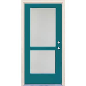 36 in. x 80 in. Left-Hand/Inswing 2 Lite Satin Etch Glass Reef Painted Fiberglass Prehung Front Door with 4-9/16" Frame