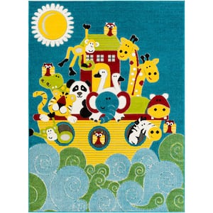 Noah's Ark Multi-Colored Blue/Yellow 7 ft. 10 in. x 10 ft. Area Rug