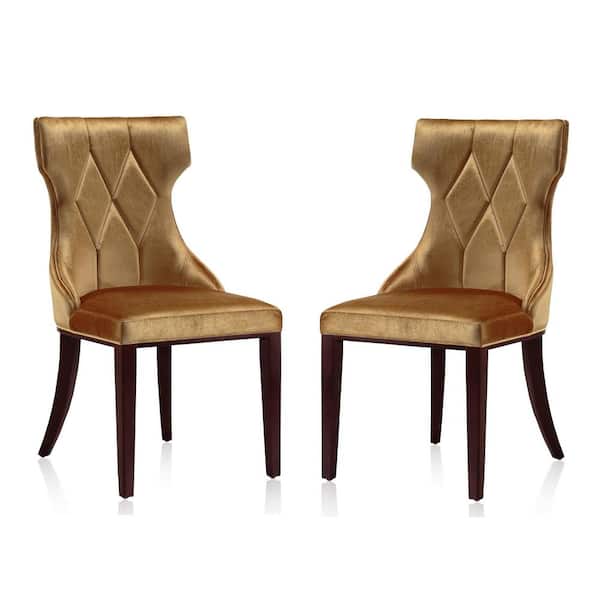 Manhattan Comfort Reine Antique Gold and Walnut Velvet Dining Chair (Set of 2)