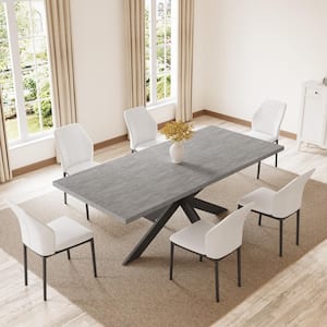 7-Piece Extendable Rectangle Dining Table Set Wooden Table with 6 Beige Chairs