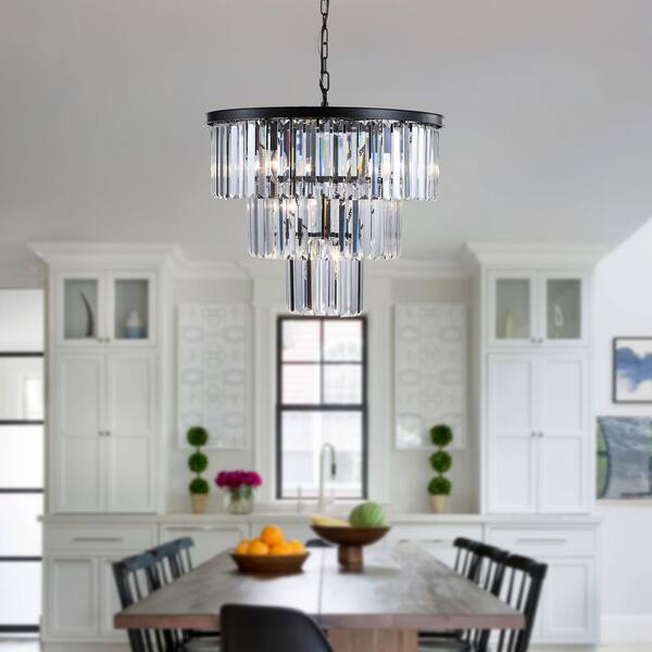 Jushua 20 in. 7-Light 3-Tier Black Crystal Chandelier Frame