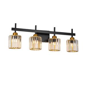 28.35 in. 4-Lights Black and Gold Modern Crystal Bathroom Vanity Light Over Mirror with Crystal Shades