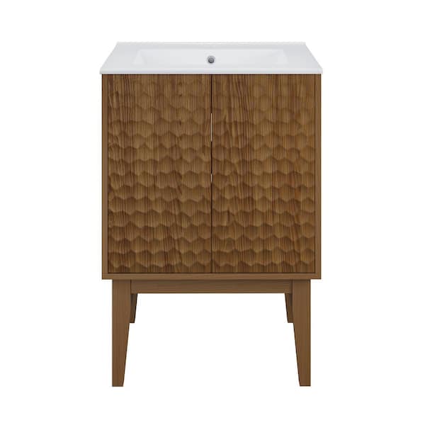Swiss Madison Bosse 24" Freestanding Bathroom Vanity in Brown Oak with White Ceramic Sink Top