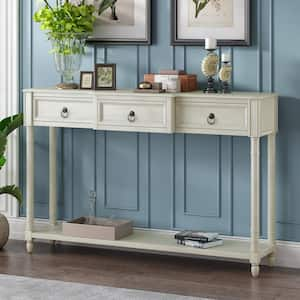 52 in. Antique White Standard Rectangle Wood Console Table with 3-Drawers