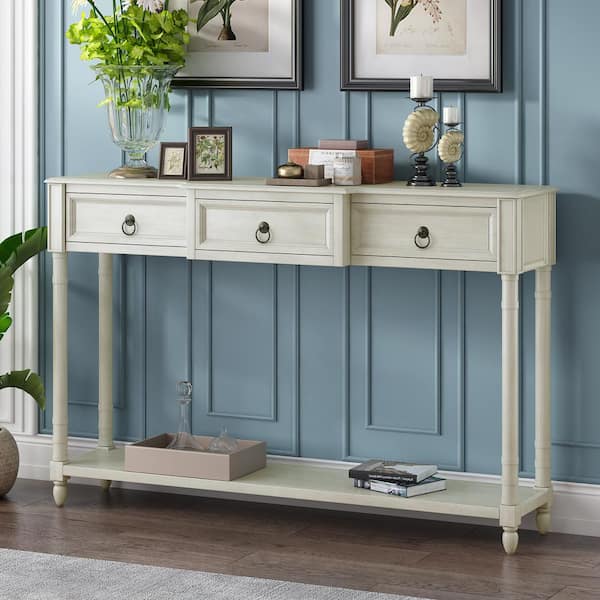 Harper & Bright Designs 52 in. Antique White Standard Rectangle Wood Console Table with 3-Drawers