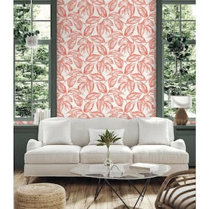 60.75 sq. ft. Rich Coral Beckett Sketched Leaves Nonwoven Paper Unpasted Wallpaper Roll