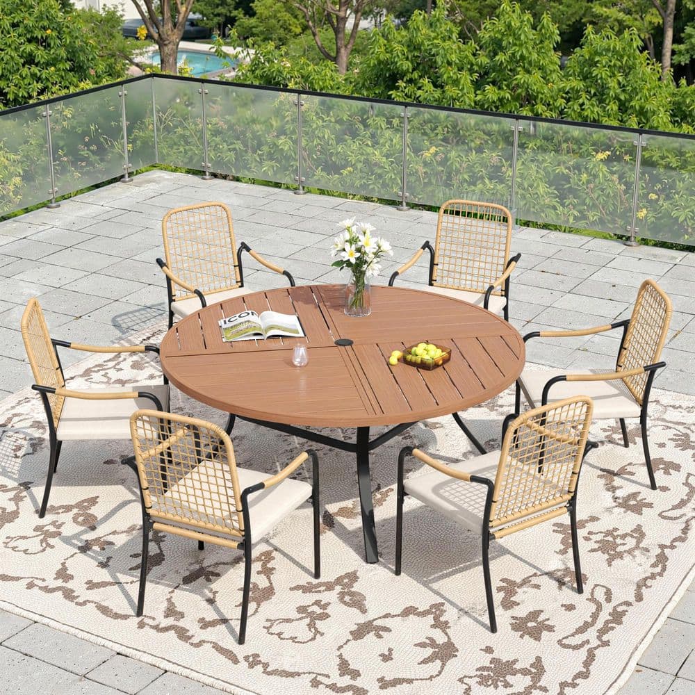 7-Piece Metal Outdoor Dining Set with 50 in. Walnut Round Dining Table and 6 Wicker Dining Chairs with Beige Cushions