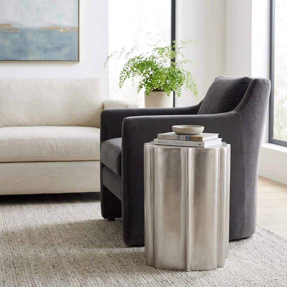 13 in. Silver Square Metal Specialty Short Drum Accent End Table