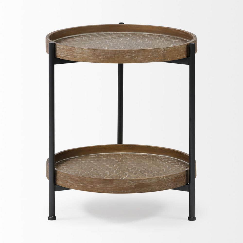 Medium Brown Distressed Wood and Black Metal Round End Table