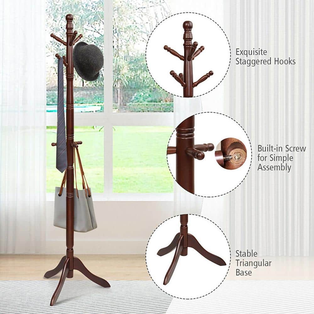 Walnut Adjustable Height Freestanding Coat Rack with 9 Hooks