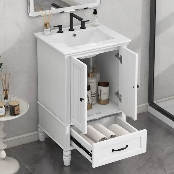 20 in. Single Sink Freestanding White Bath Vanity with White Ceramic Top Unassembled with Two Doors