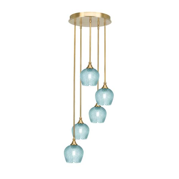 Unbranded Villa 15.25 in. 5-Light New Age Brass Cluster Pendant Light with 6 in. Turquoise Textured Glass Shades no bulbs included