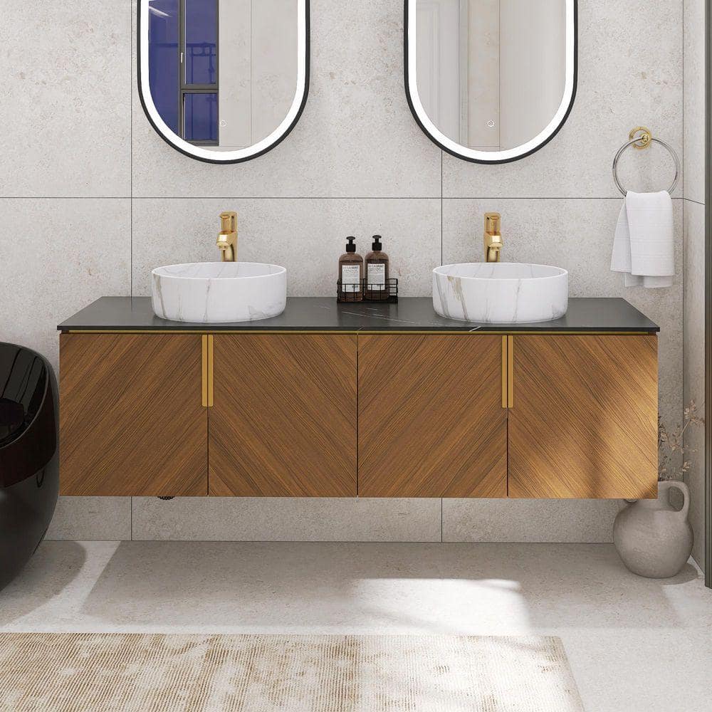 TCYO 60 in. Wall-Mounted Oak Bath Vanity with Black Sintered Stone Top ...