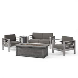 Cape Coral Khaki 5-Piece Aluminum Patio Fire Pit Conversation Set with Khaki Cushions