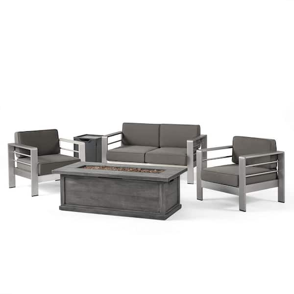 Noble House Cape Coral Khaki 5-Piece Aluminum Patio Fire Pit Conversation Set with Khaki Cushions