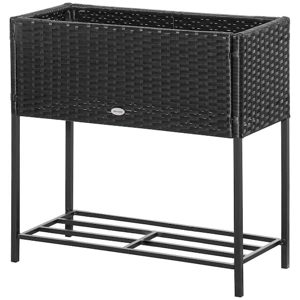 Otryad 28 in. L x 12 in. W x 28 in. H Black Rattan Raised Garden Bed, Outdoor Elevated Planter Box with Tool Storage Shelf