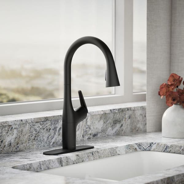 Safia 1-Handle Pull Down Sprayer Kitchen Faucet with Integrated Soap Dispenser in Matte Black