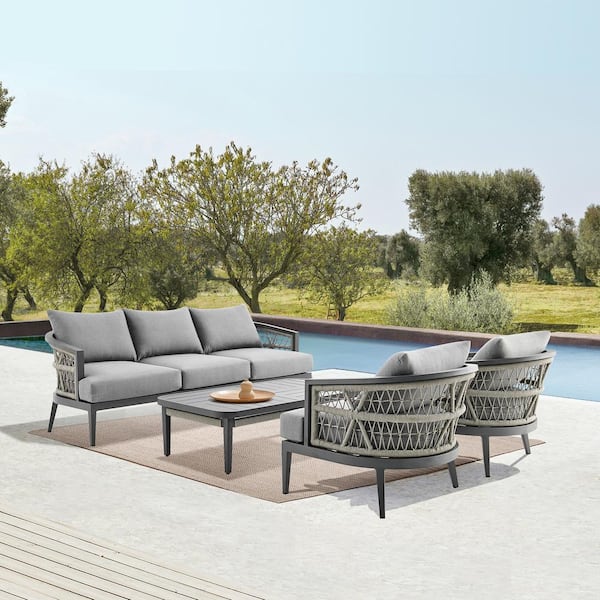 Armen Living Zella Warm 4-Piece Gray Aluminum Patio Conversation Set with Earl Gray Cushions