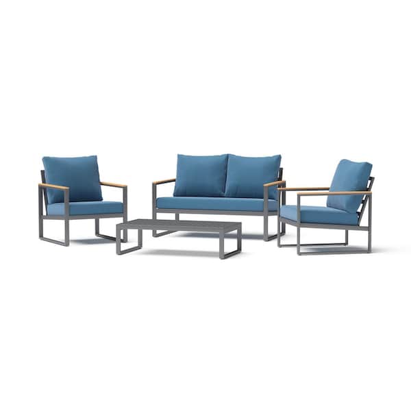 RST BRANDS Enro 4-Piece Metal Patio Conversation Set with Blue Cushions