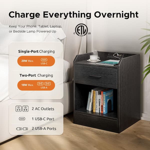 Merra Modern Black 1-Drawer 23.6 in. W Nightstand w/ Power Outlets