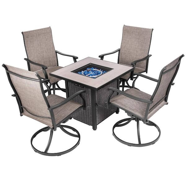 5-Piece Metal Patio Fire Pit Set with 50,000 BTU Fire Pit Table, Lid and Textilene Fabric Swivel Chairs