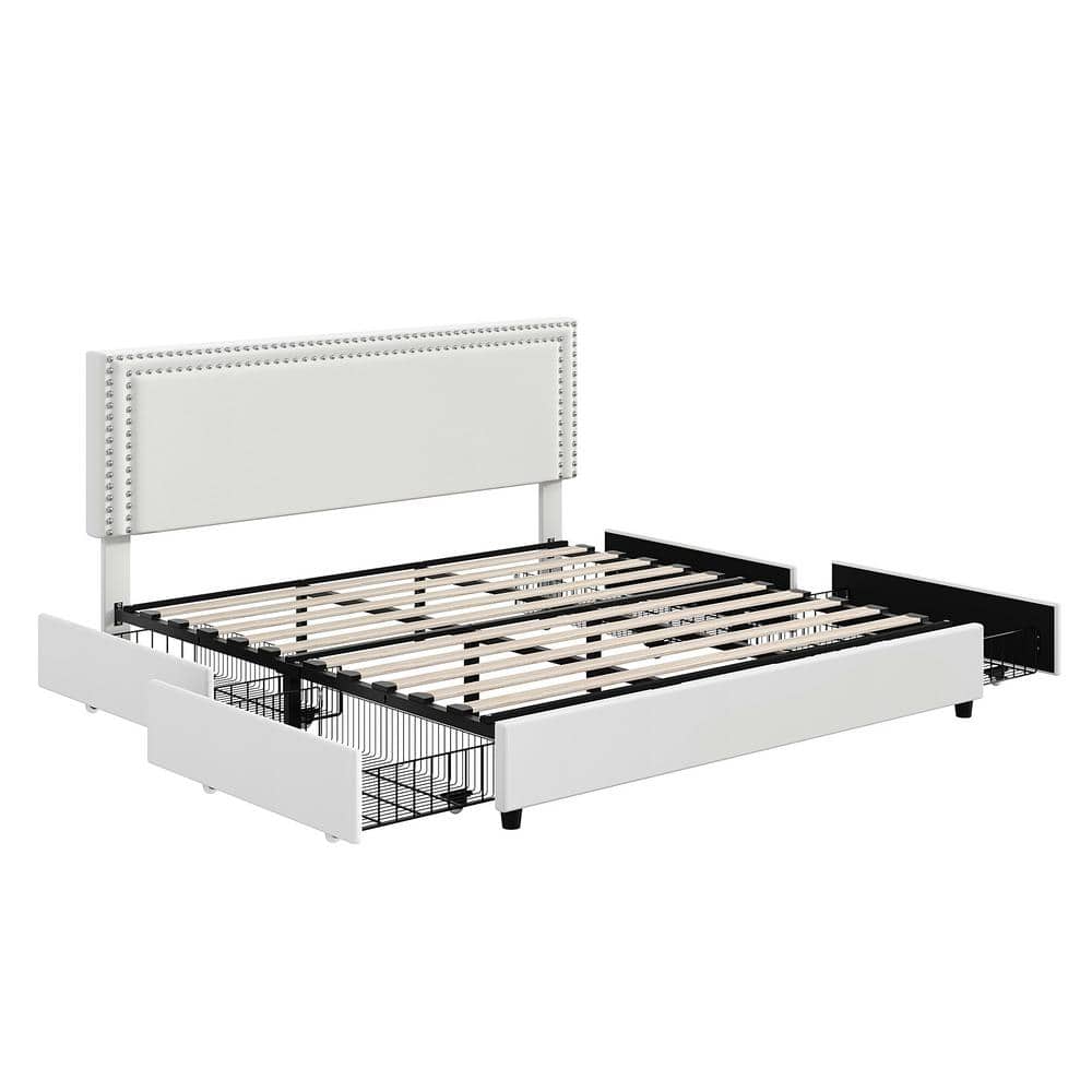 White Velvet Upholstered King Platform Bed with Storage Drawers