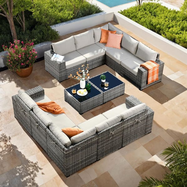 XIZZI Beatrice 12-Piece Wicker Outdoor Sectional Set with Beige Cushions