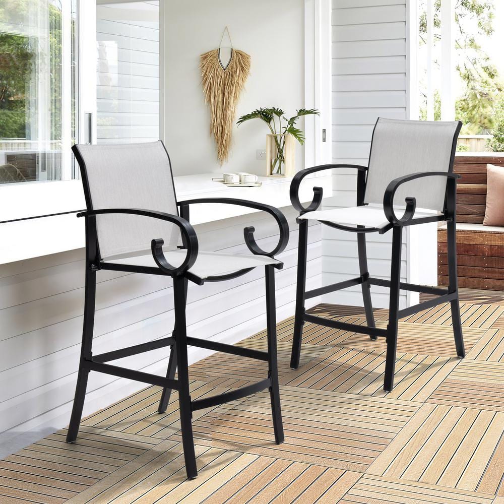 Black Aluminum Outdoor Leisure Sunbrella Outdoor Bar Stool in Augustine Oyster (Pack of 2) price history on PriceWatchPro