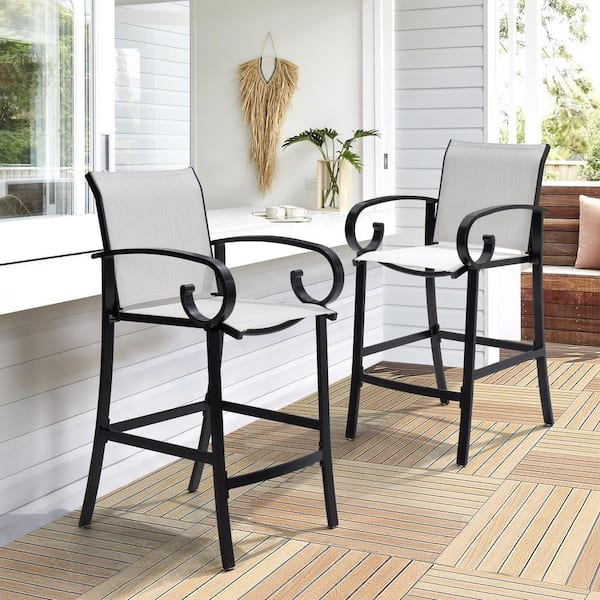 Pellebant Black Aluminum Outdoor Leisure Sunbrella Outdoor Bar Stool in Augustine Oyster (Pack of 2)
